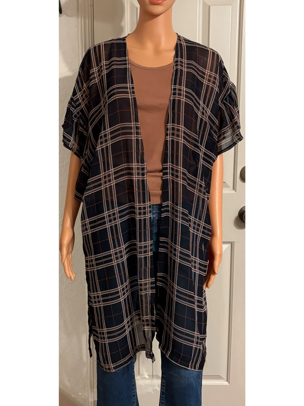 Do everything in love Black and Brown Plaid Open Front Tunic